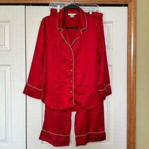 Natori Private Luxuries Pajama Set Women M Top Pants Red Satin Lounge PJ’s Soft